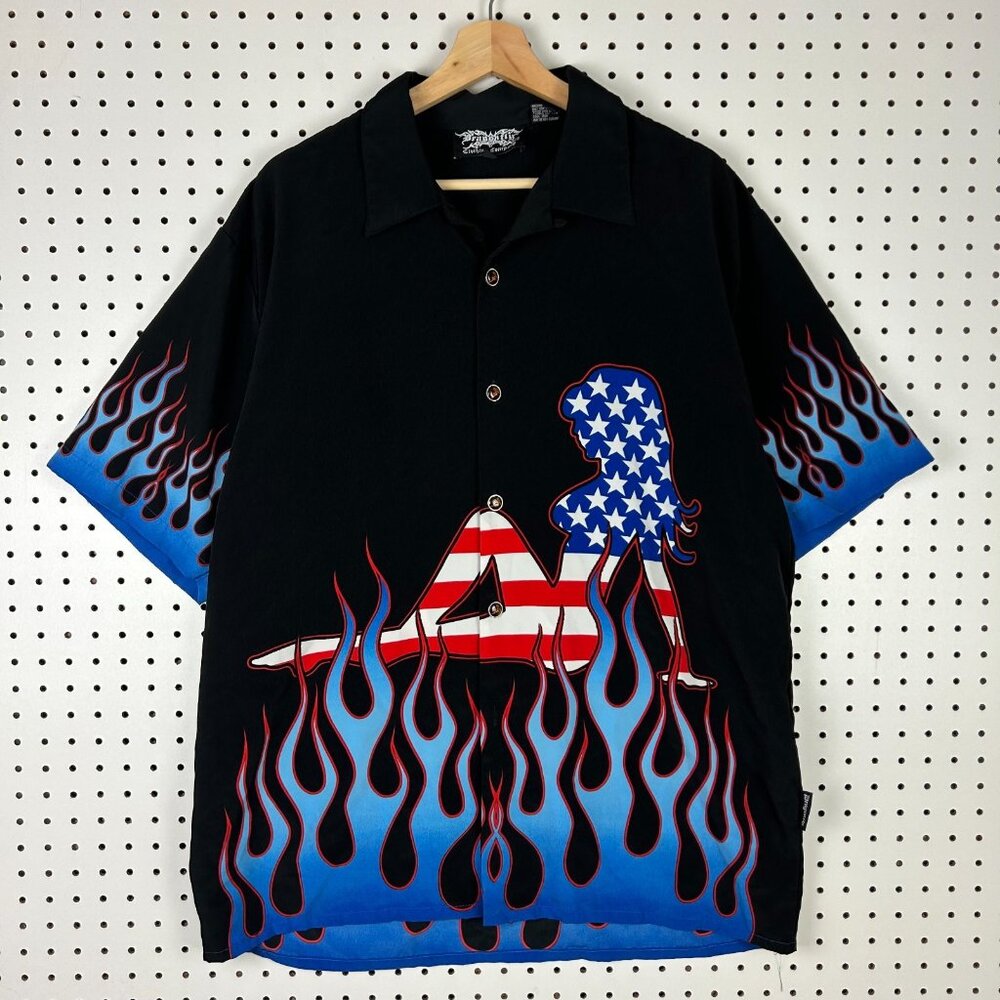 Dragon Fly Flames Short Sleeve Shirt Large Black Button‎ USA Biker Bikini Girl